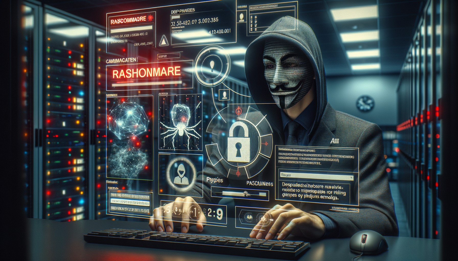 A person typing on a keyboard surrounded by screens, representing cybersecurity.