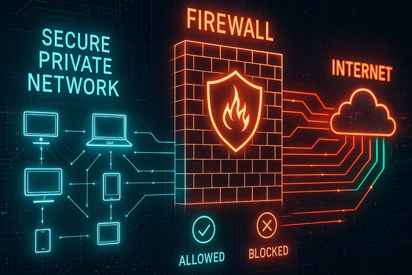 An illustration showing a firewall acting as a digital bouncer blocking malicious cyber threats and hackers from entering a network.