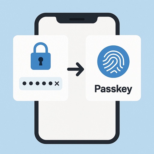 A visual representation of a password being replaced by a biometric passkey on a phone, illustrating the future of secure authentication in 2025.