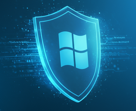 Windows Security — concept interface with shield icon highlighting antivirus, SmartScreen, and firewall best-practice configuration for Defender